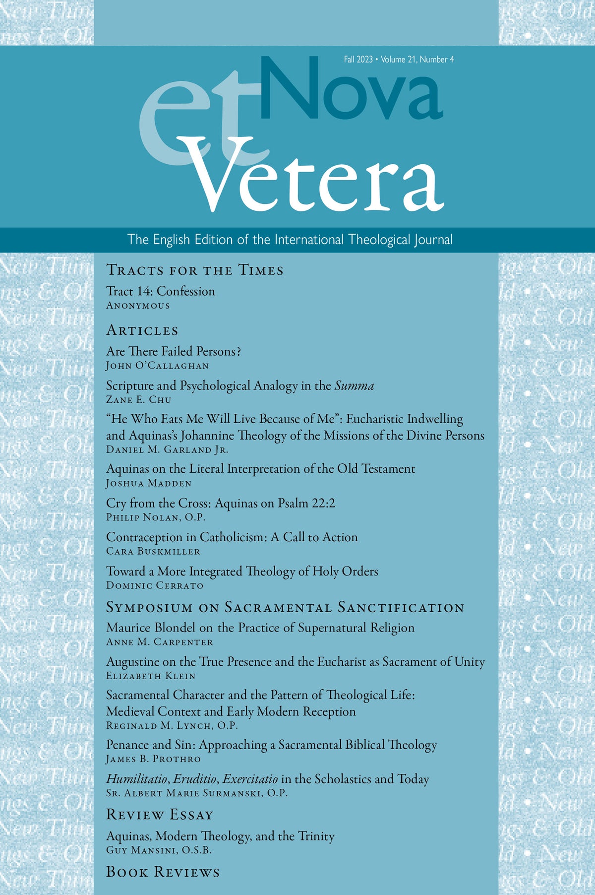 Nova et Vetera, Fall 2023 (Vol. 21, No. 4)