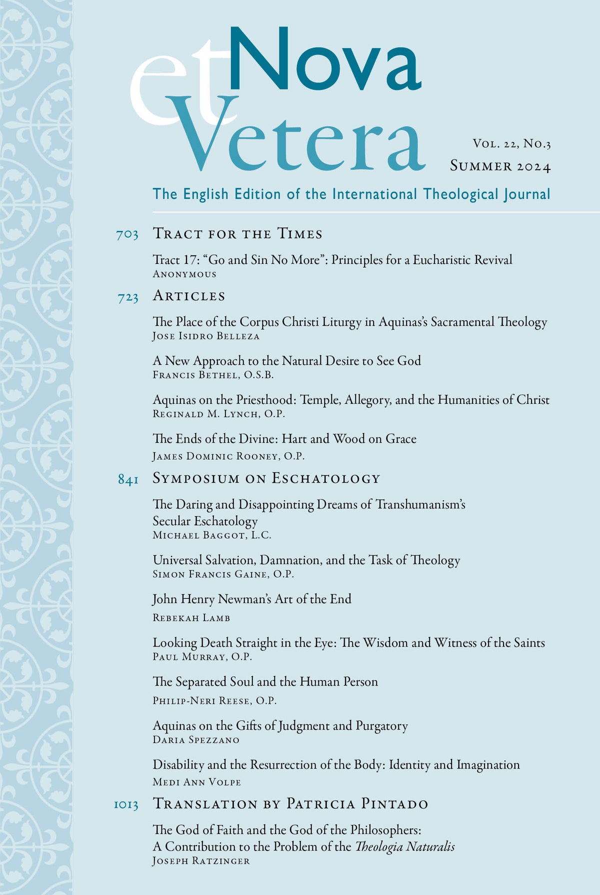 Nova et Vetera, Summer 2024 (Vol. 22, No. 3)