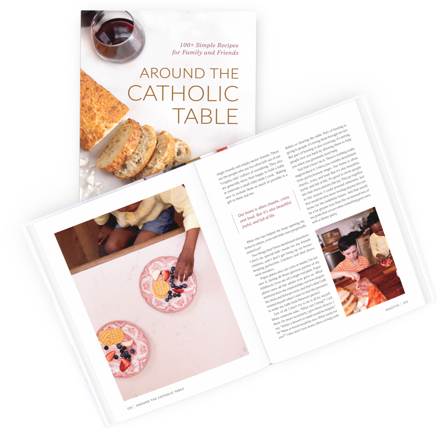 Book titled 'Around the Catholic Table' with images of food and people on a white background
