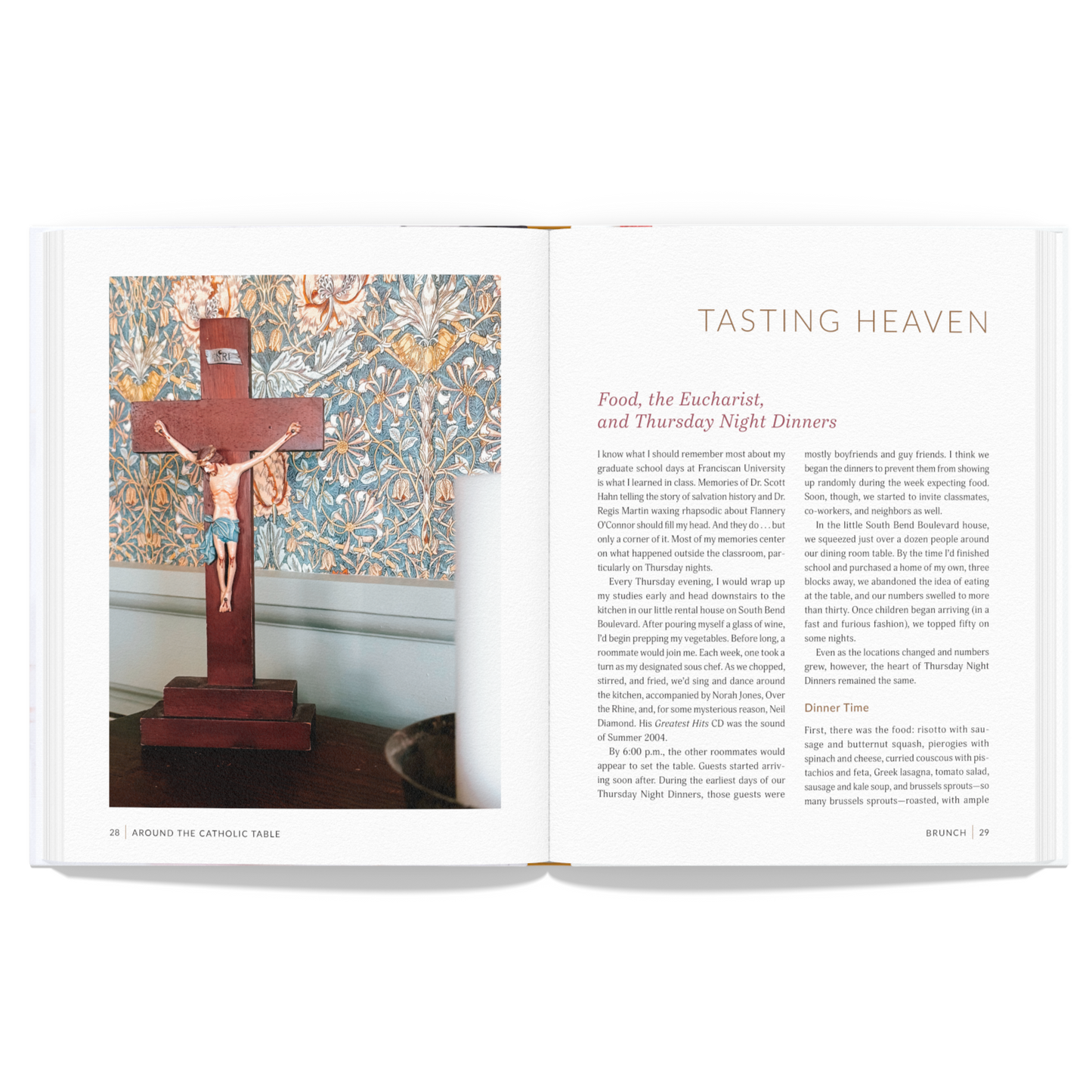 Open cookbook with a crucifixion scene on the left page and text on the right page.