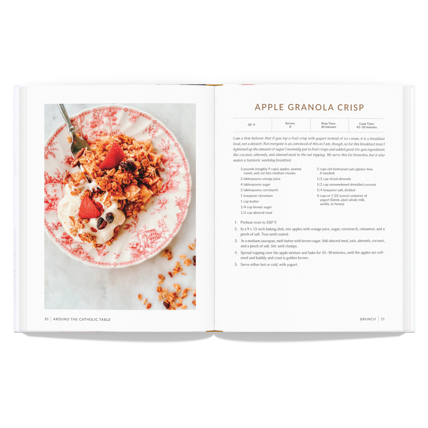 Open cookbook showing a recipe for Apple Granola Crisp with a plate of granola on a white background.
