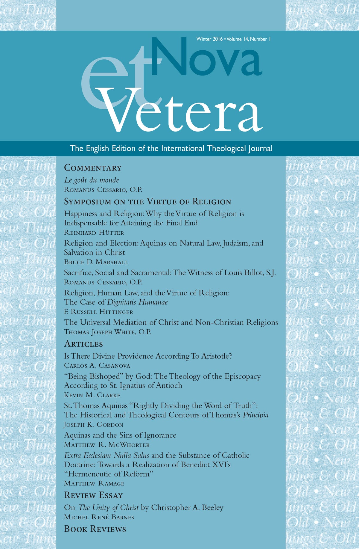 Nova et Vetera, Winter 2016 (Vol. 14, No. 1)