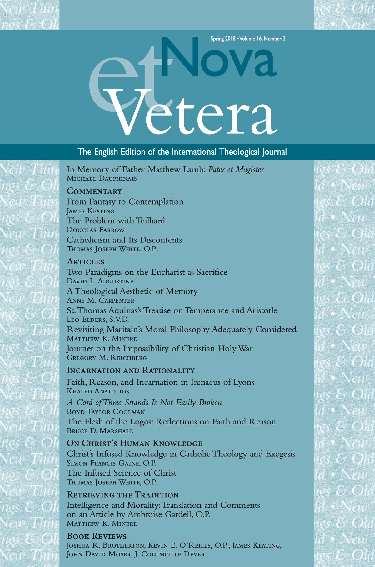 Nova et Vetera, Spring 2018 (Vol. 16, No. 2)
