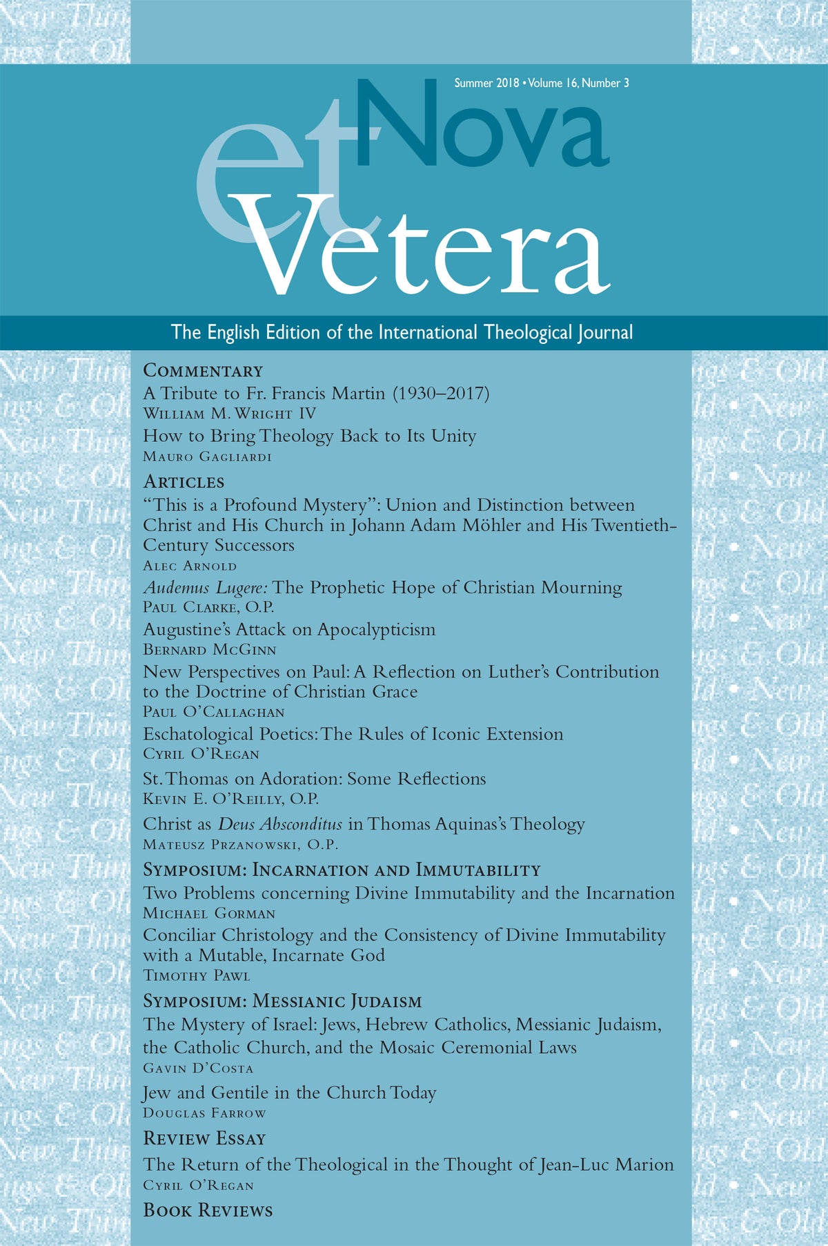 Nova et Vetera, Summer 2018 (Vol. 16, No. 3)