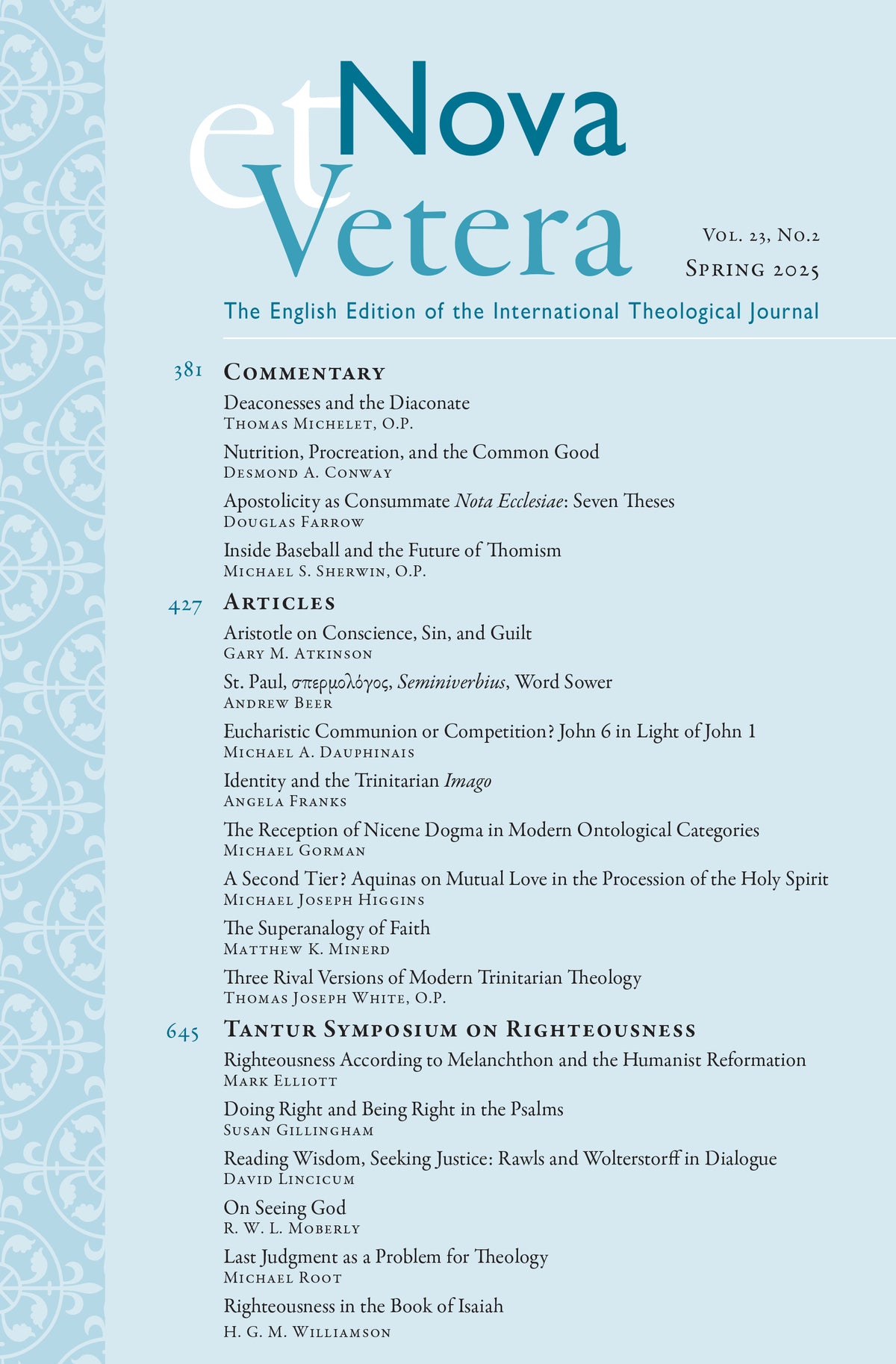 Nova et Vetera, Spring 2025 (Vol. 23, No. 2)